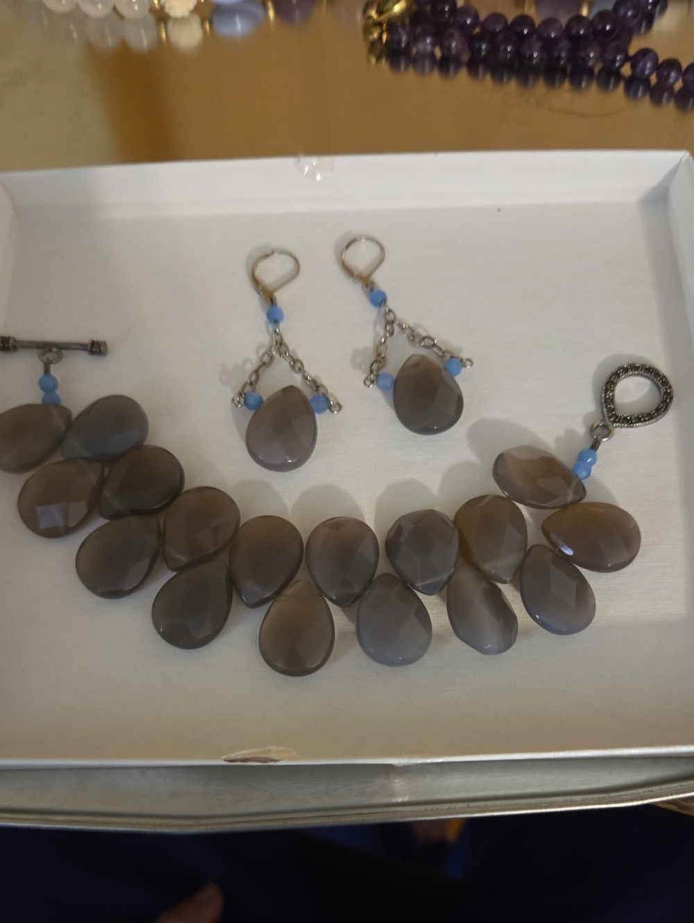 gray chalcedany stone and sterling silver bracelet and mstching earrings